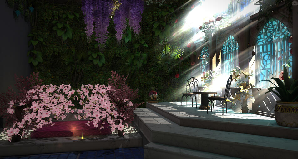 The Sunpetal Atrium is a tranquil, garden retreat where soft blossoms meet golden rays of light. Wisteria cascades from above, petals scatter across marble steps, and warm sunbeams filter through ornate windows, creating a serene haven perfect for quiet re